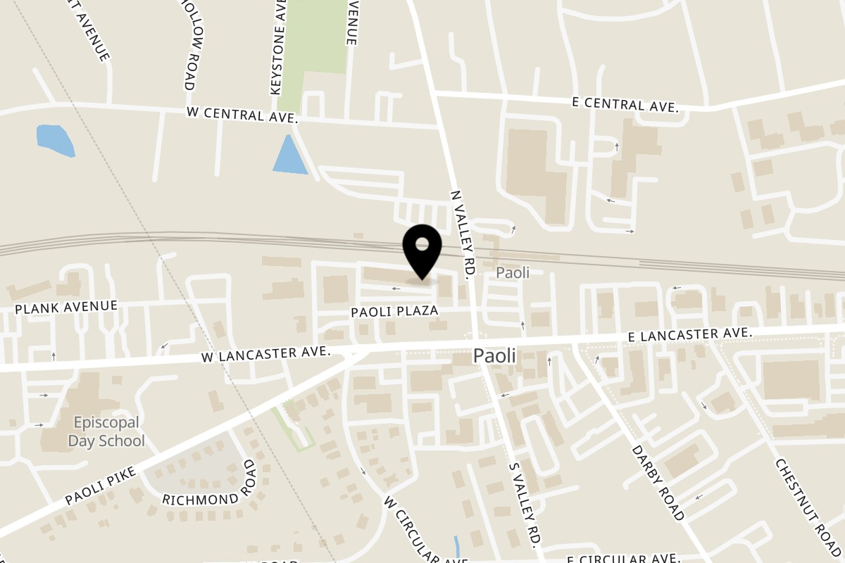Map showing the location of Cafe POM on 19 Paoli Plaza in Paoli